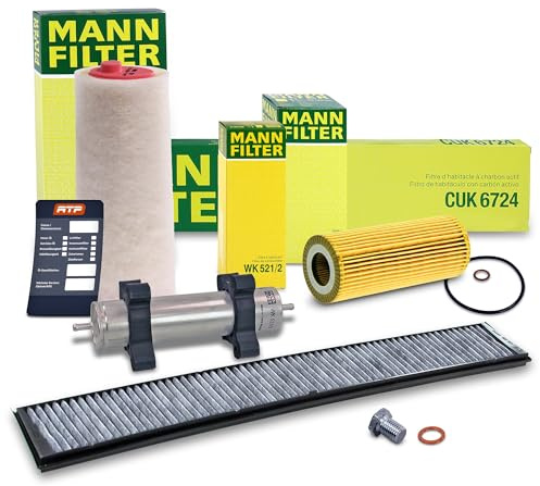MANN-FILTER Inspektionspaket Filterset 1x Ölfilter, 1x Luftfilter, 1x Innenraumfilter (Aktivkohle), 1x Kraftstofffilter, 1x Ölablassschraube, 1x Ölwechselanhänger Kompatibel mit BMW 3er (E46)