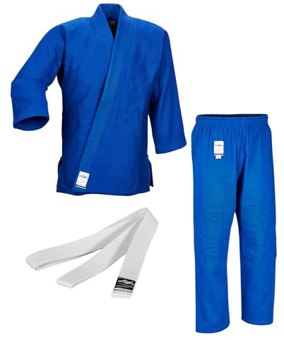 Ju-Sports Judoanzug to start Blau 150 I Leichter Judoanzug Kinder & für Erwachsene I Judogi inkl. weißem Gürtel I Mehrfach vernähter Schulter- & Brustbereich