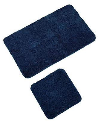 WohnDirect Badematten Set - WC Vorleger (45x45cm), Badematte (60x100cm) - rutschfest waschbar Badezimmerteppich OHNE WC-Ausschnitt - Dunkelblau