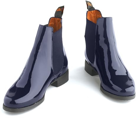 Ovation Women’s Equestrian Leather Classic Style Ankle Low Heel Slip On Finalist Elastic Side Patent Jod Boots, Blue, 8.5