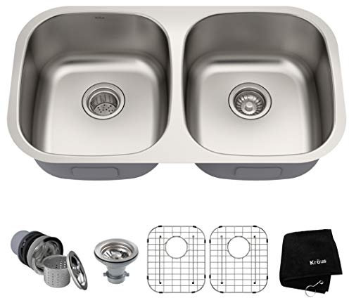 Kraus KBU22 32 inch Undermount 50/50 Double Bowl 16 Gauge Stainless Steel Kitchen Sink