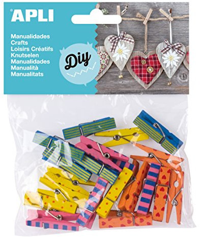APLI Kids 13480 - Bolsa pinzas madera color decorada 35 x 7 mm, 20 uds