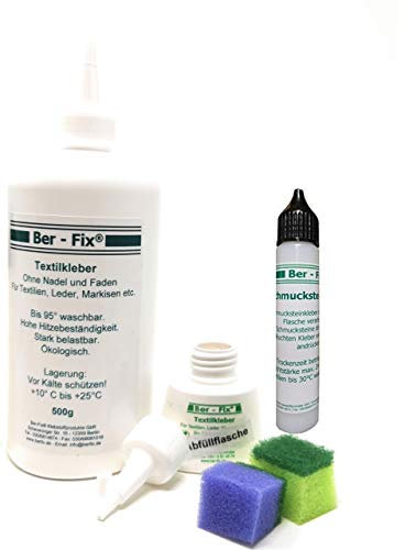 Ber-Fix Kleber-Set für Profis: 500 g Textilkleber für Bekleidung & Stoffe Kochfest & Flexibel, Plus 30 g Schmucksteinkleber für Reparatur & Dekoration auf Stoff, Textilien, Papier bis Stein