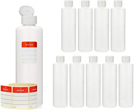 Octopus Bouteilles en plastique 10x 250 ml, bouteilles en plastique PE-HD avec capsule service blance, bouteilles vides avec bouchon à charnière blancs, bouteilles rondes, étiquettes incluses.