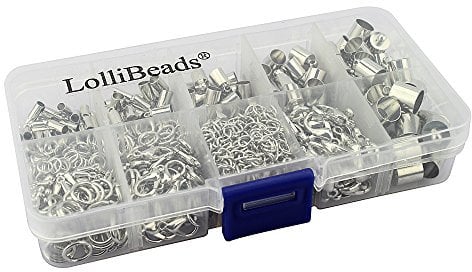 LolliBeads (TM) Silver Plated Barrel Leather Cord Ends, Lobster Clasp and Extension Chains Kits Assorted Size Pack (60 Sets)