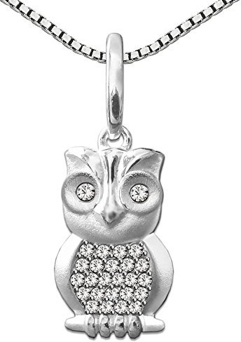CLEVER SCHMUCK Set Silberner Anhänger Eule 15 x 8,5 mm viele Zirkonias glänzend mit Kette Venezia 45 cm Sterling Silber 925