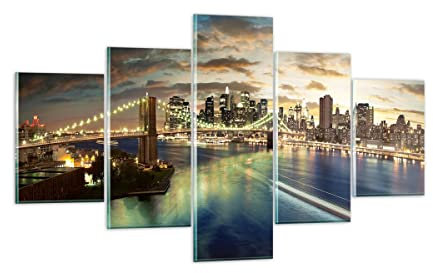 Mehrteilige Bilder auf Glas Amerika Architektur New York Glasbild 125x70cm Wandbilder Dekoration Wohnzimmer Schlafzimmer Küche Set 5 teilige Klein Wanddeko Wand Kunstdruck Art Modern GEA125x70-0226