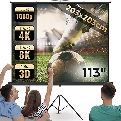 Jago® Ecran Projection - 1:1, 4:3, 16:9, HD 4K 3D, Manuel Extensible, Gain 1,0 - Projecteur Video, Videoprojecteur Portable, Écrans de Projection TV et Home Cinema (203x203 cm - 113, avec trépied)