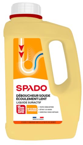 SPADO - Déboucheur liquide - Ecoulement lent - Détruit les odeurs - compatible fosse septique - action dès 15min - soude minérale concentrée 30% - 1 L - Fabriqué en France