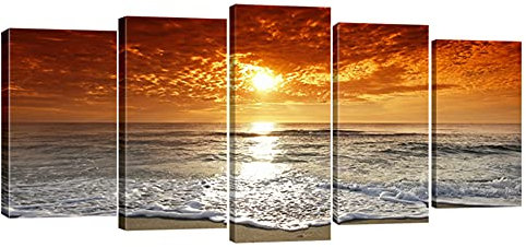 Wieco Art - Grand Sight Extra Large 5 Panels Modern Landscape Artwork HD Seascape Giclee Canvas Prints Sea Beach Pictures to Photo Paintings on Canvas Wall Art for Home Decorations Wall Decorations