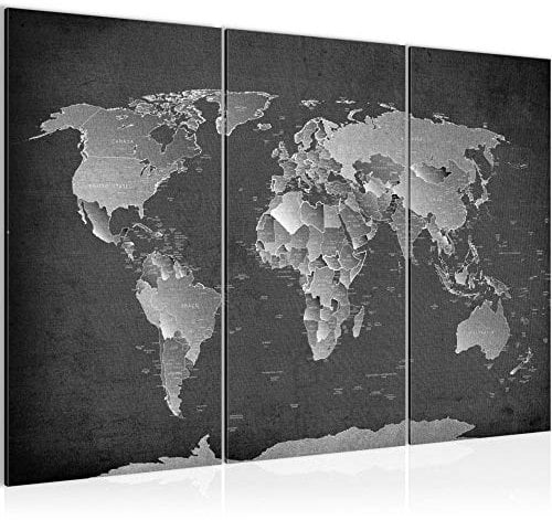 Runa Art Wandbilder Weltkarte Bild XXL Büro Wohnzimmer Schwarz Weiss Landkarte 120 x 80 cm 3 Teilig 107631b