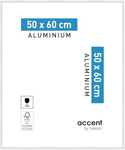 accent by nielsen Bilderrahmen, 50 x 60 cm, Aluminium, Weiß glanz, Posterrahmen zum Aufhängen im Hoch- & Querformat, Echtglas, Accent