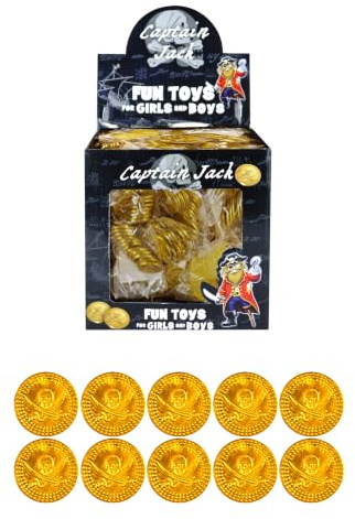 HENBRANDT 60 Gold Coins - Plastic Pirate Treasure Toy Coins for Party Bags | Small Plastic Gold Coins (2.4cm), Kids Party, Treasure, Pretend Play, Pirate Themed Parties
