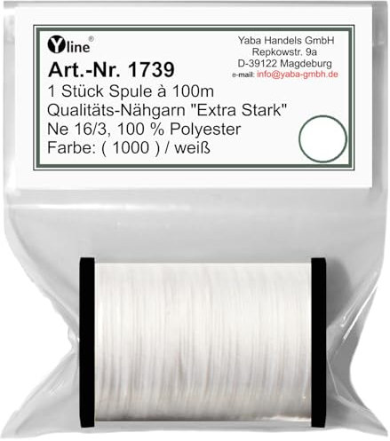 1739 Bobine de fil à coudre extra fort 100 m Blanc Ne 16/3 100% polyester pour machine à coudre 100% polyester