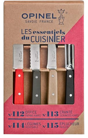 Opinel OP01626 Küchenmesser-Set, Essentials, 4-teilig, rostfrei, farbige Griffe Messer, Edelstahl, Mehrfarbig, One Size
