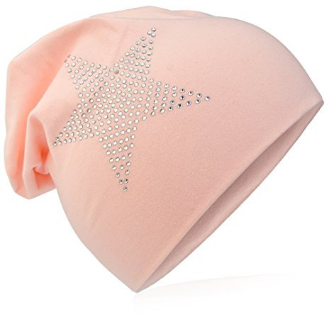 Miobo Kinder Slouch Beanie Mütze,Baumwolle,Strass Stern Lachs 43