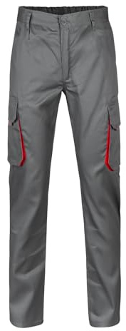 VELILLA 103004 Pantalon de Travail - Gris et Rouge - Taille 40 | Pantalon multipoches renforcé, fermeture zip et bouton, poches à soufflet, tirette et passant, vêtements de travail