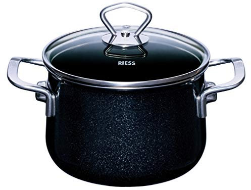 RIESS 0701-009 Fleischtopf mit Glasdeckel, Nouvelle- BLACK MAGIC EXTRA STARK, Durchmesser 16cm, Höhe 18 cm, Inhalt 2 Liter, Emaille, schwarz, Induktion