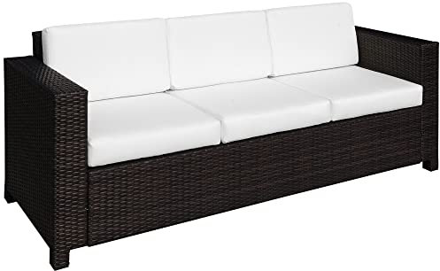 Outsunny 3 Seater Rattan Sofa with 10 cm Thick Padded Cushion, All-Weather PE Wicker Weave Garden Three-seater Bench with Armrests, Brown