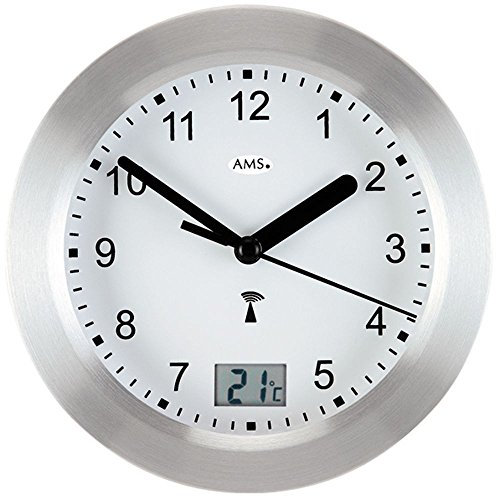 Runde AMS Wanduhr 5923 Funk Gehäuse Silber, wasserdichte Badezimmeruhr mit digitaler Temperatur-Anzeige