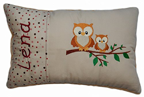 Momelie Schmusekissen in beige * Kuschelkissen * Eulen * mit Namen Bestickt * ca. 25 * 40 cm groß * SK-be_0007