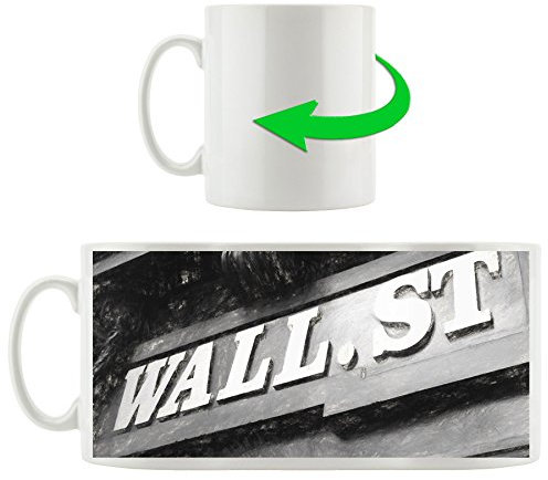 Wall Street Schild an Gebäudeeingang, Motivtasse aus weißem Keramik 300ml, Tolle Geschenkidee zu jedem Anlass. Ihr Neuer Lieblingsbecher für Kaffe, Tee und Heißgetränke.