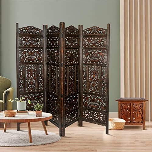 Topfurnishing 4 Panel Room Divider Free Standing Mango Wood Hand Carved Folding Screen Partition Privacy Screen Decorative Headboard (Leaves Design, Dark Brown, 200 x 180 cm)