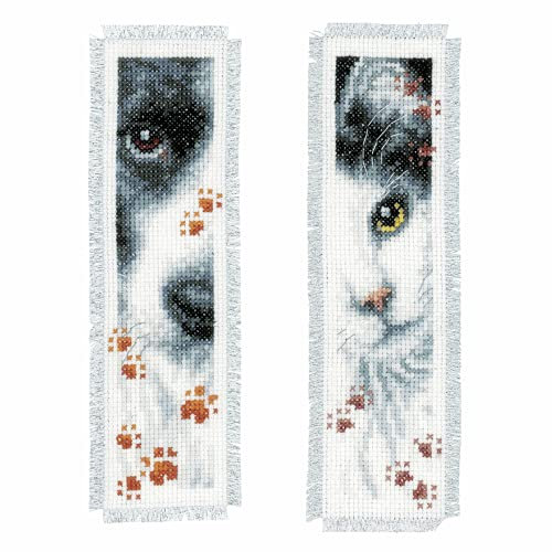 Vervaco Lesezeichen Kreuzstich Stickpackungen Gezählter Kreuzstich Set Hund und Katze 2er DIY Set Erwachsene Sticken Lesen Zubehör Geschenk Zählmusterpackung ca. 6 x 20 cm Stickset für Anfänger