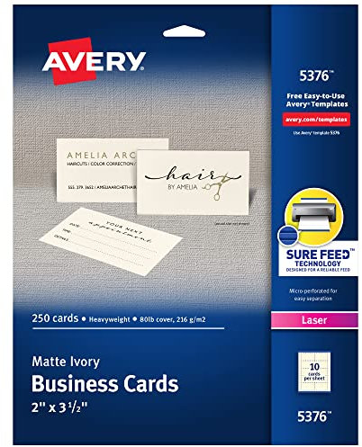 Avery Bedruckbare Visitenkarten mit Sure Feed Technologie, 5,1 x 8,9 cm, elfenbeinfarben, 250 Blanko-Karten für Laserdrucker (05376)