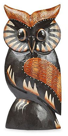 TEMPELWELT Deko Figur Eule Wula schwarz braun aus Albesia Holz, Höhe 15 cm groß, Holzfigur Uhu Kunsthandwerk aus Bali handgefertigt