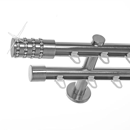 BASIT Gardinenstange Innenlauf Edelstahllook 20mm 2-läufig Wand 280cm H40 | Gardinenstangenset doppelläufig Wandmontage Metall Vorhangstange Wandhalterung 120-600cm wählbar Kappe mit Kristall E39