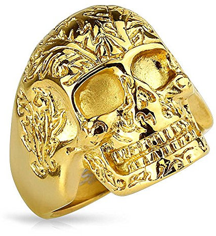 Mianova Herren Ring Edelstahl Massiv Breit Herrenring Männer Biker Rocker Schmuck Totenkopf Blumenmuster Gold IP Größe 67 (21.3)
