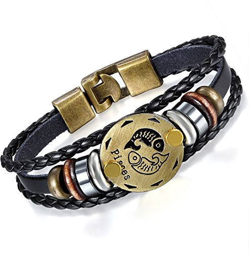 Flongo Lederarmband Horoskop Armband Damen Armkette Herren Armreif, Leder-Armband Armreif Manschette Manschettenknopf Schwarz Gold Golden Horoskop Tierkreis Sternzeichen Sternbild Fische