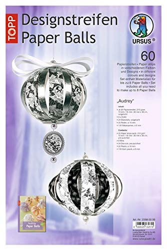 Ursus 23580099 - Designstreifen Paper Balls Audrey, Material für bis zu 8 Paper Balls, Durchmesser ca. 10 cm, 60 Streifen mit Zubehör, ideal zum Basteln von individuellen Weihnachtskugeln