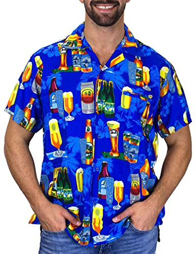 V.H.O. Men's Beerbottle-Shirt Short-Sleeve Casual-Button-Down Hawaii-Vacation, Beerbottle, Blue, M