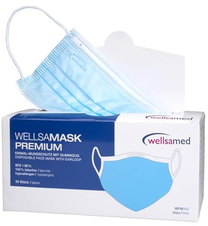 wellsamed wellsamask Mundschutz Gummibänder, Mund und Nasenschutz, OP-Masken, Einweg, 50 Stück, Blau CE/EN 14683 Typ IIR (Typ 2R) 3-lagig