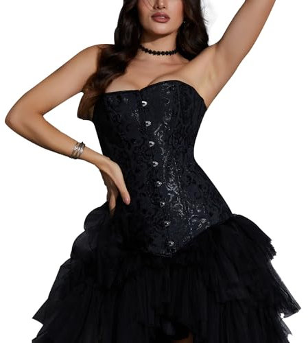 Miss Moly Damen Corsage Vintage Vollbrust Korsett Klassische Farben Spitze Schleife Design Corset Mit G-Tanga- Gr. 6XL/DE 52-54, Druck Schwarz