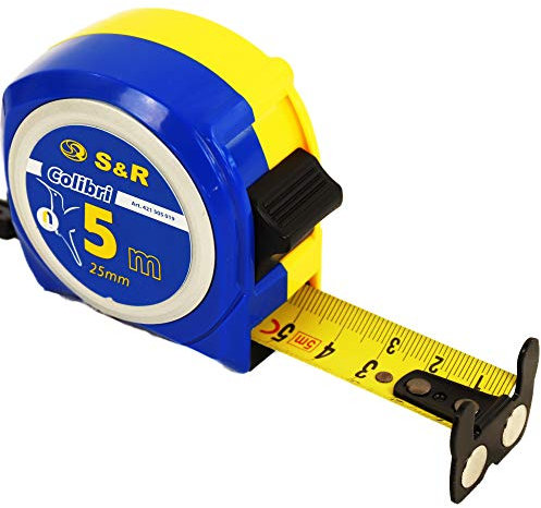 S&R Bandmaß 5m x 25 mm mit Magnet-Haken, KOMPAKT und ROBUST, Nylon-Polymer Maßband BEIDSEITIG bedruckt, Gürtelschlaufe, schlagfestes Gehäuse, COLIBRI - Serie, Massband Zollstock Metermaß Rollband