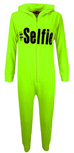 A2Z 4 Kids Girls Onesie #Selfie Hooded Soft Feel Fluffy Cozy Loungewear Comfortable - Cotton Onesie #Selfie Neon Green 5-6