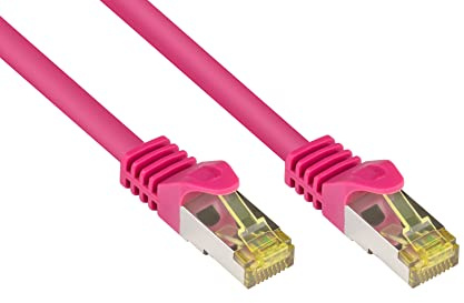 Good Connections RJ45 Ethernet LAN Patchkabel mit Cat. 7 Rohkabel und Rastnasenschutz RNS, S/FTP, PiMF, halogenfrei, 500MHz, OFC, 10-Gigabit-fähig (10/100/1000/10000-Base-T Ethernet Netzwerke) - z.B. für Patchpanel, Switch, Router, Modem - magenta, 10 m