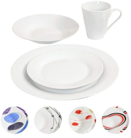 16 Piece Dinner Set - Plain Dinnerware Set | 4 Bowls, 4 Side Plates, 4 Mugs, 4 Soup Plates | Kitchen Microwave & Dishwasher Safe - for Cereal, Desserts, Hot Drinks, Porcelain Cup, Gift