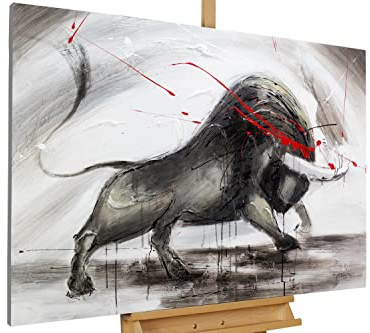 KunstLoft Leinwandbild | 100% HANDGEMALT | 120x80cm | Gemälde 'Mit Ehre und Stolz' | Stier | Grau | Wandbild Wohnzimmer