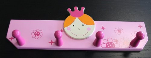 Garderobe Hakenleiste Garderobenleiste Kleiderhaken Kindergarderobe Prinzessin Holz rosa mit 4 Haken 350 x 65 x 115mm