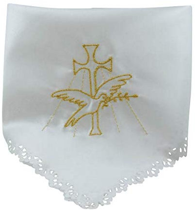 Kerzentuch 34 x 34 cm aus SATIN – mit goldfarbener BESTICKUNG von KREUZ & TAUBE – für KOMMUNION, TAUFE & HOCHZEIT – edles KERZENRÖCKCHEN für FESTKERZEN – MaMeMi Markenqualität