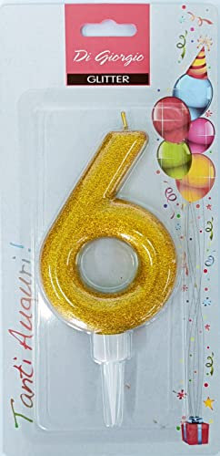 Cereria di Giorgio- Candela di Compleanno Gigante con Glitter Numero 6 Vela de cumpleaños Purpurina, Color dorado (58160_66)