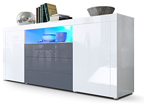 Vladon Sideboard Santiago, Made in Germany, Weiß Hochglanz/Grau Hochglanz inkl. LED - Moderne Kommode für Ihr Wohnbereich - (BxHxT) 167 x 72 x 35 cm