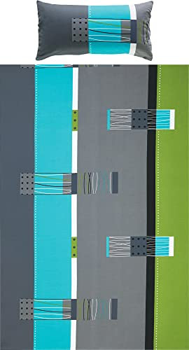 Erwin Müller Bettwäsche, Bettgarnitur, Kissenbezug Mako-Jersey grün-blau-grau Größe 40x80 cm / 155x200 cm - bügelfrei, einlaufsicher, mit praktischem Reißverschluss