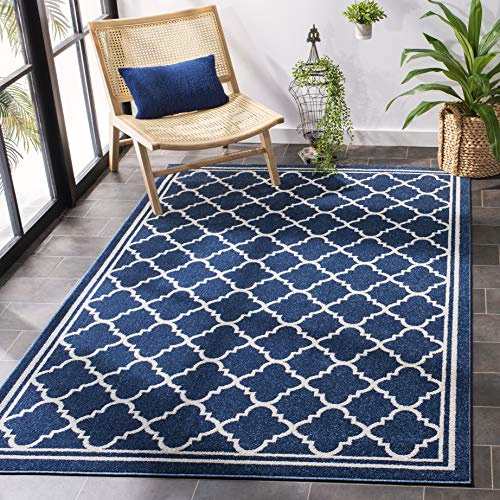 SAFAVIEH Amherst Collection Accent Rug - 3' x 5', Navy & Beige, Moroccan Trellis Design, Non-Shedding & Easy Care, Ideal for High Traffic Areas in Entryway, Living Room, Bedroom (AMT422P)
