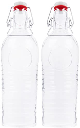 Bormioli 2er Set Glasflasche Officina 1825 - geriffelte 1,2 Liter Flasche mit Bügelverschluss und Relief Verzierung, 4250857232383