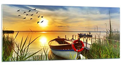 Wandbilder Dekoration Wohnzimmer Boot See Sonnenuntergang Sommer Menschen Panorama Bilder auf Glas 120x50cm Glasbild Schlafzimmer Küche Wand Kunstdruck Art Groß Wanddeko Modern GAB120x50-3053